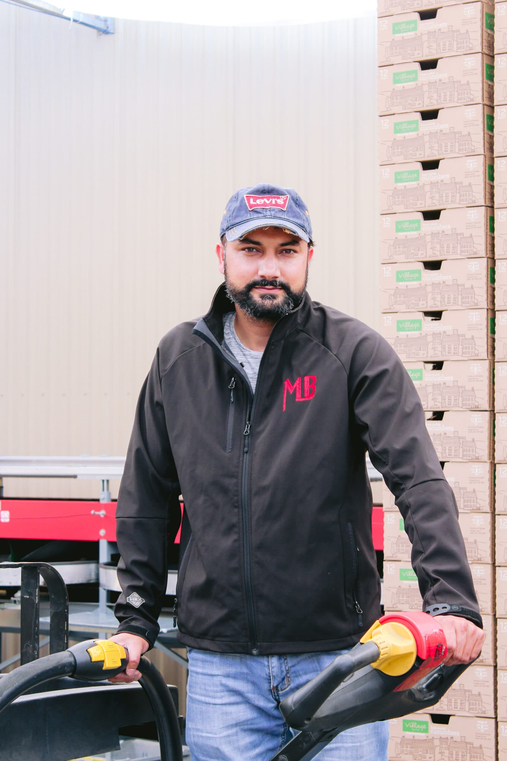 Integrante del equipo de MB Greenhouses junto a cajas de pepino europeo listas para envío